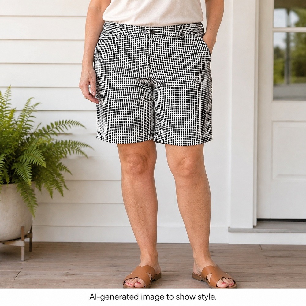 Lands End Womens Size 14 Black White Chino Bermuda Shorts Mid Rise Stretch